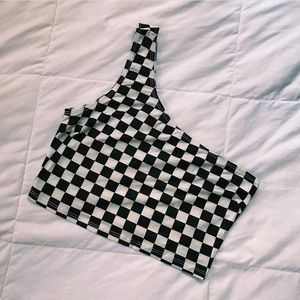 Checkered print one shoulder crop top